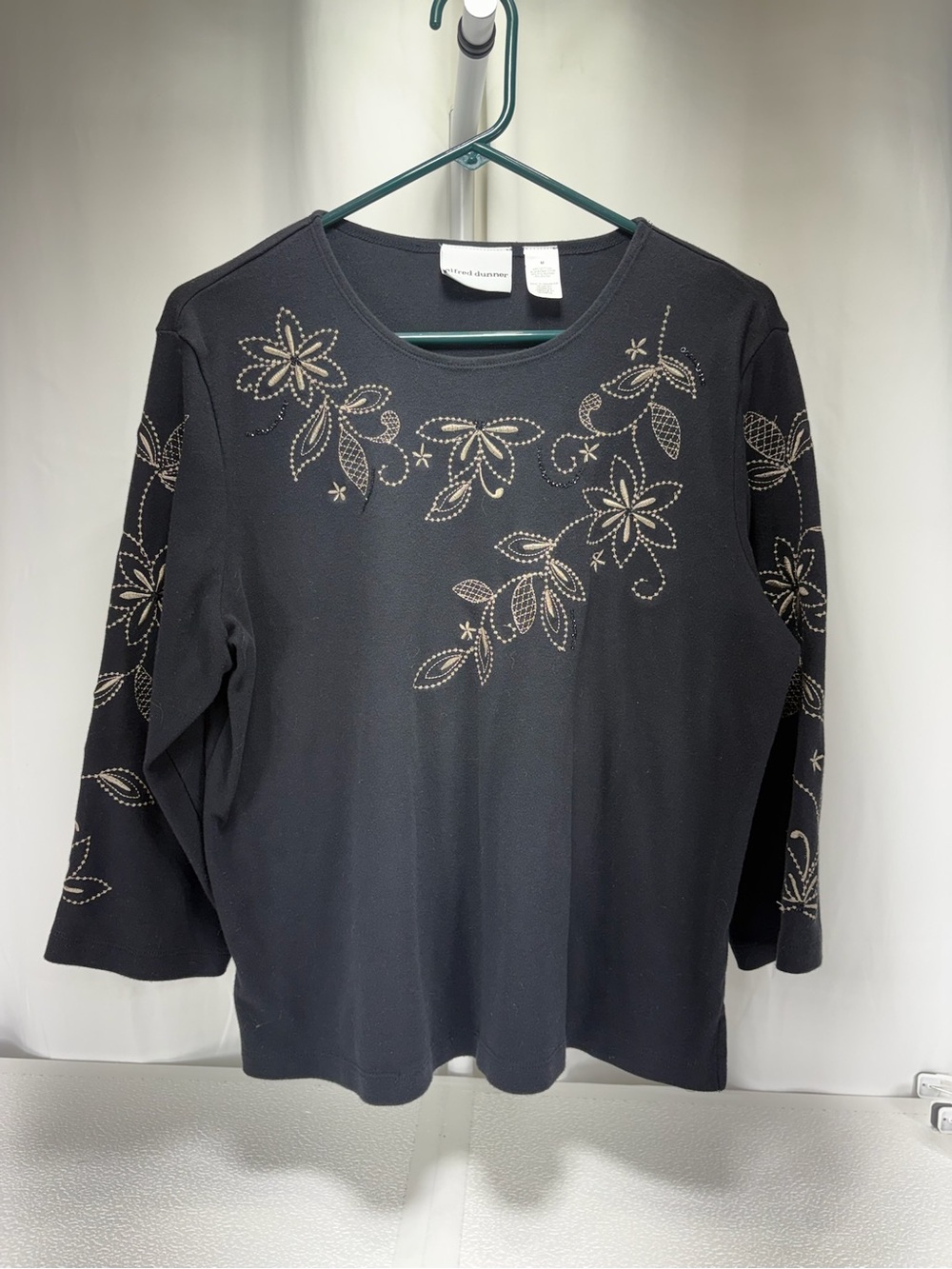 Alfred Dunner Black Long Sleeve Floral Stud Detail Top 4625